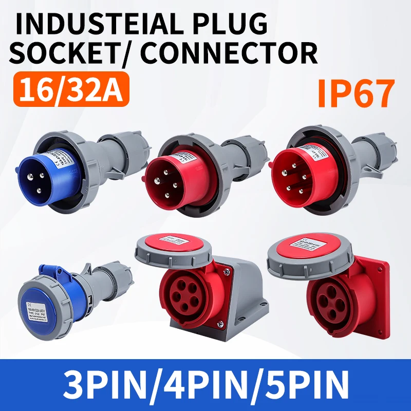 Industrial Plug and Socket 3P/4P/5Pin Electrical Connector 16A 32A IP67waterproof Wall Mounted Socket MALE FEMALE 220V 380V