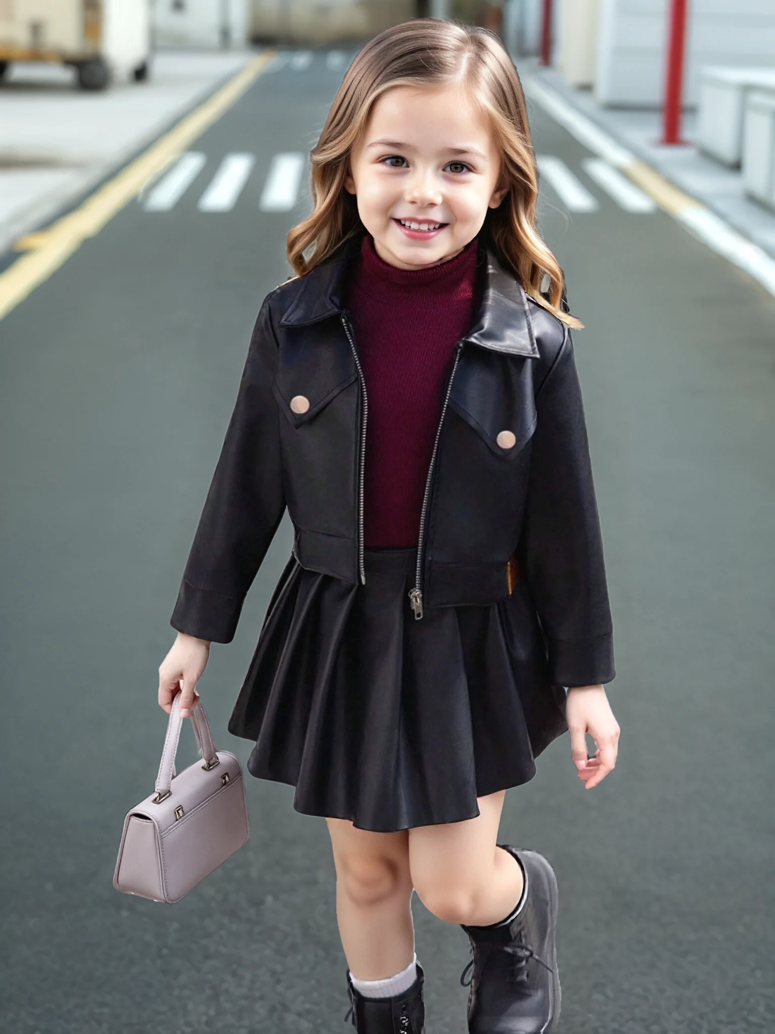 Children's Clothing for Girls, Spring and Autumn Stylish Pu Jacket and Versatile Short Skirt Two-Piece Set, New Fashion Street Style Cool Half Skirt, Easy to Clean, New Versatile Pu Leather Outfit