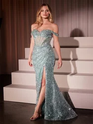 Customized Off-Shoulder Neckline Mermaid Sequin Evening Dress Open Back Zipper Floor Length High Slit Sweep Train Gown For Women