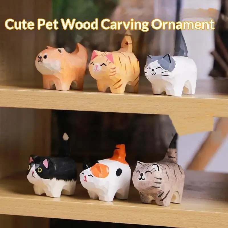 Cute Desktop Cat Ornament Mini Natural Wooden Kitten Figurine for Home Bedroom Bookshelf Decoration Gift for Students Kids