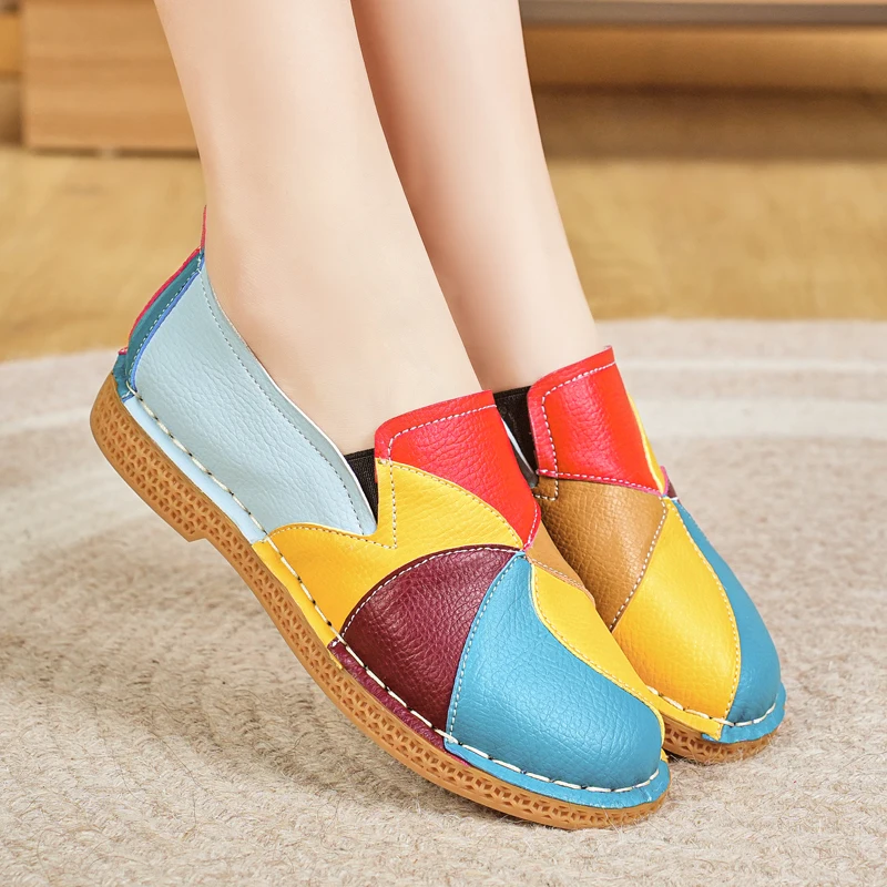 Women's Loafers Casual Mothers Shoes Retro Flats Mixed Color Round Toe Soft Bottom Non-Slip