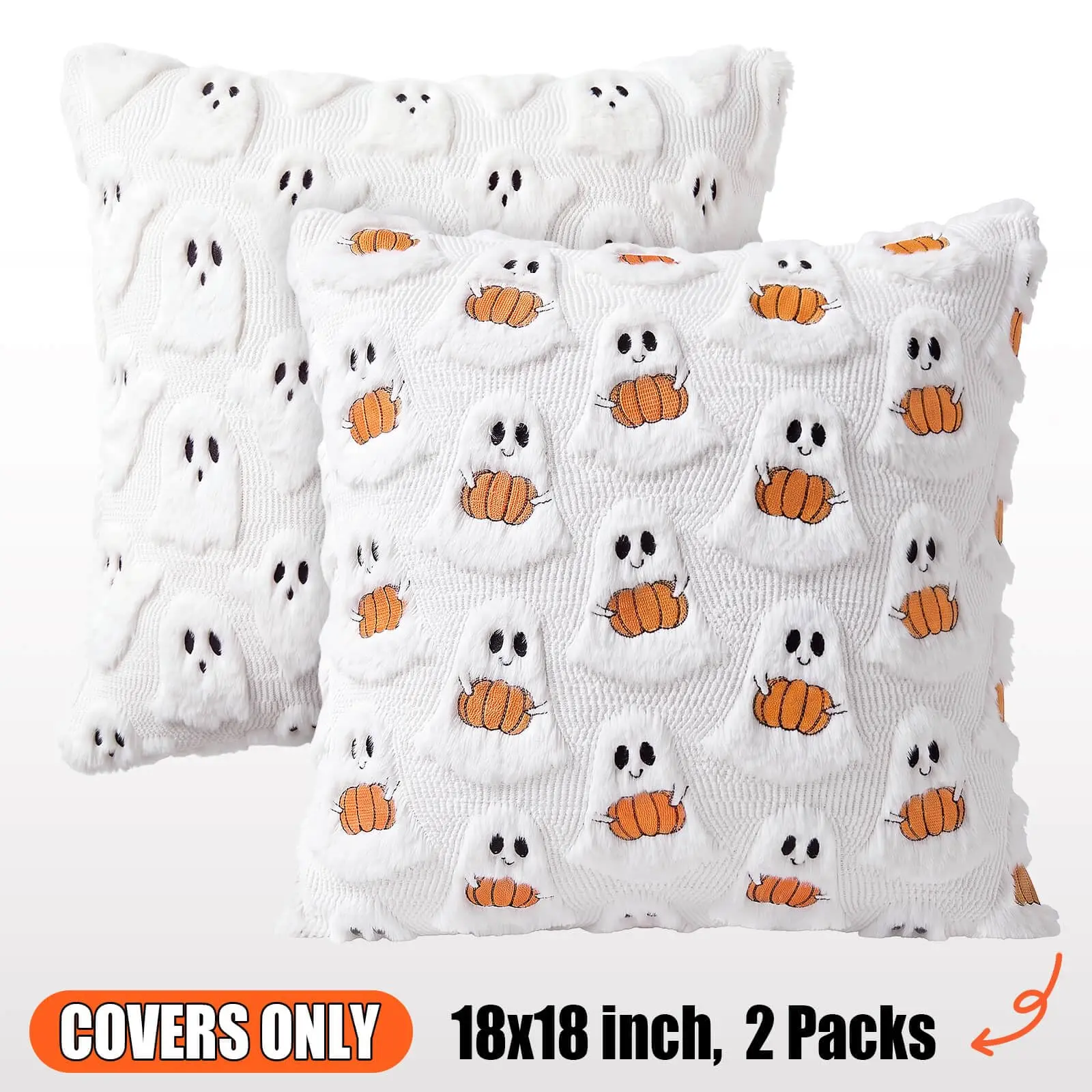 Halloween Throw Pillow Covers 18x18 Inch Ghost Decor Set of 2 Soft Plush Faux Fur Cushion Covers,Fall Ghost Pillow Case for Home