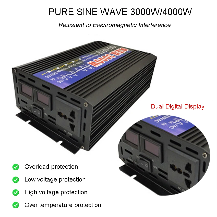 

Инвертор немодулированного синусоидального сигнала, 12 В, 24 В, 48 В, 60 В переменного тока, 220 В, 50 Гц, 110 В, 60 Гц, для автомобиля, дома, 3000 Вт, 4000 Вт, преобразователь с двойным цифровым дисплеем
