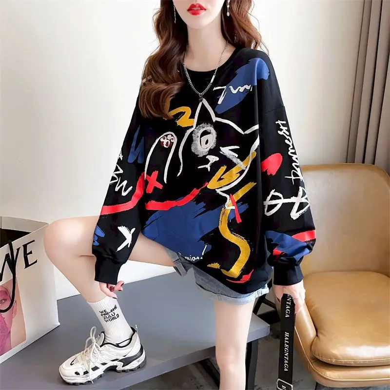 Oversized Pullovers Women Spring Autumn Trend Thin Sweatshirts Korean Style Fashion Cute Cartoon Print Pullover Loose Design Top