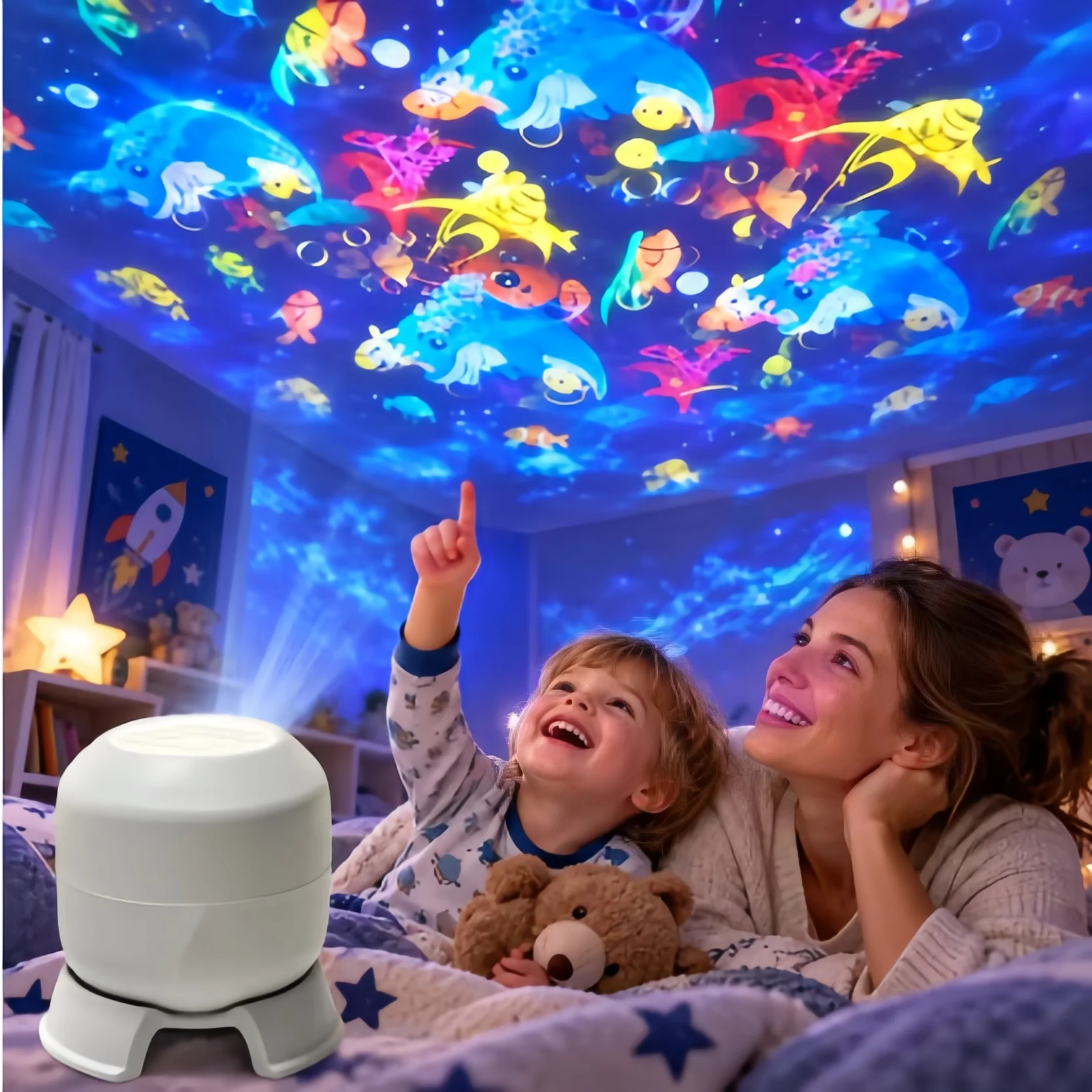 LED Starry Projector Rotating Ambient Light Ocean Animal Star Moon Dinosaur Dynamic Projection Night Light Home Room Decor Lamp