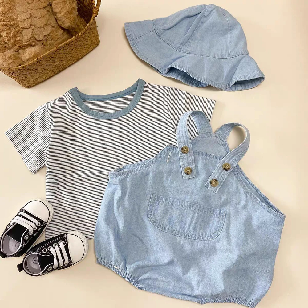 Denim Baby Strap Romper and Cap Set 2024 Summer 0-24Months Boy and Girl Pockets Overalls Soft Thin Cotton Toddler Jumpsuit