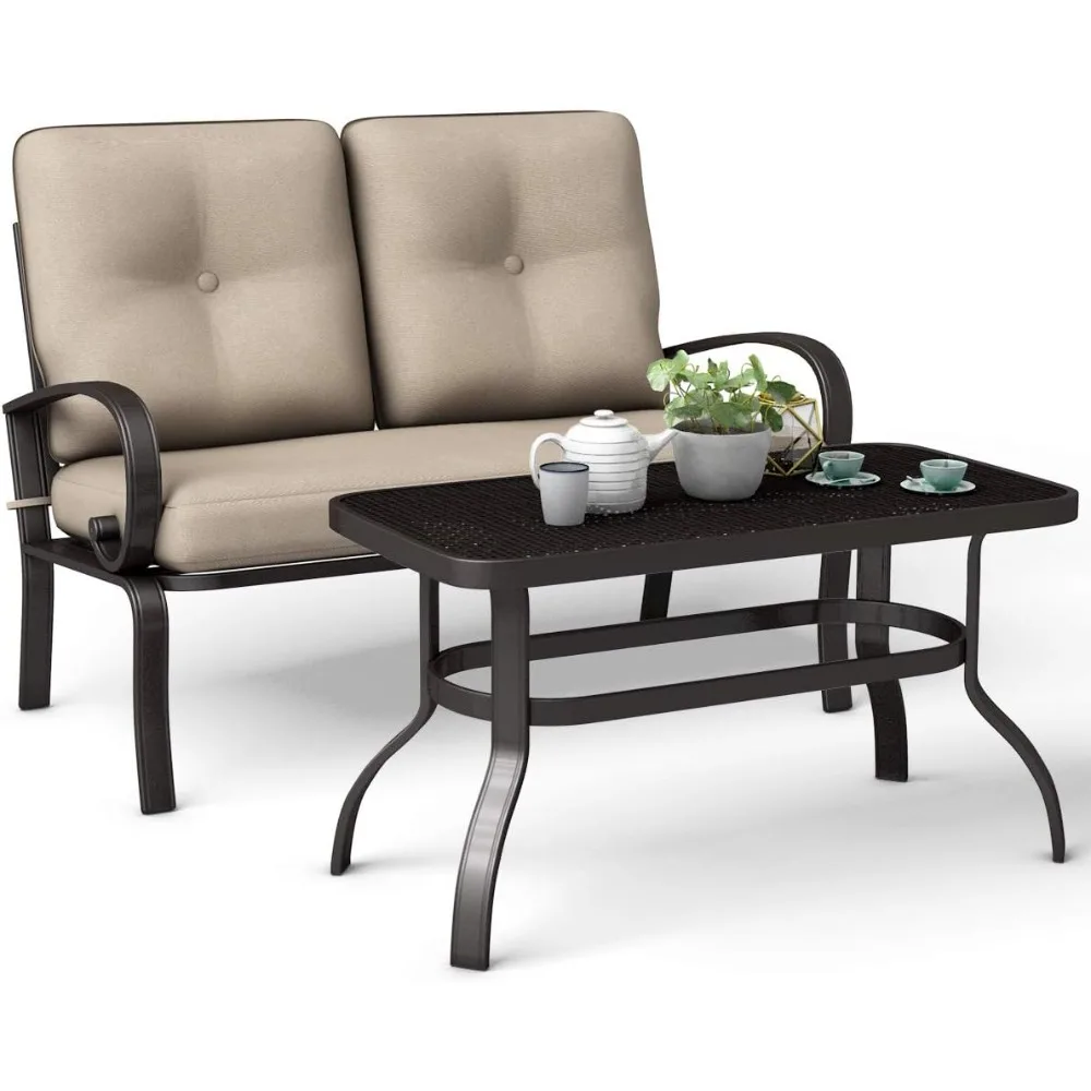 ชุดโซฟาเลิฟซีทสำหรับลานบ้าน 2 ชิ้น พร้อมโต๊ะกาแฟ ม้านั่งกลางแจ้งพร้อมเบาะรองนั่งและโครงโลหะ ชุดเฟอร์นิเจอร์เลิฟซีทสำหรับสวน