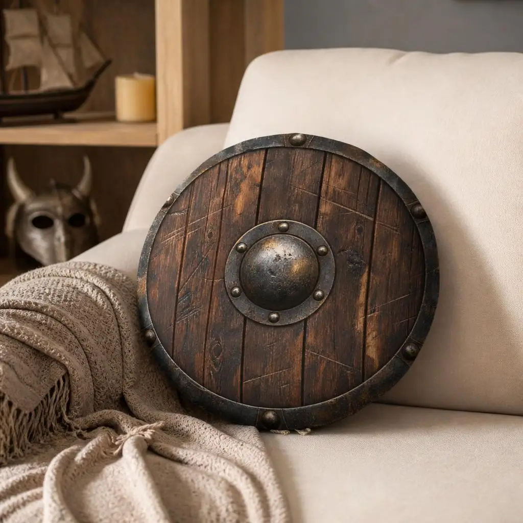 Medieval Round Shield Plush Pillow Warrior Battle Cushion Rustic Armor Decor Stuffed Throw Pillow Game Room History Fan Gift