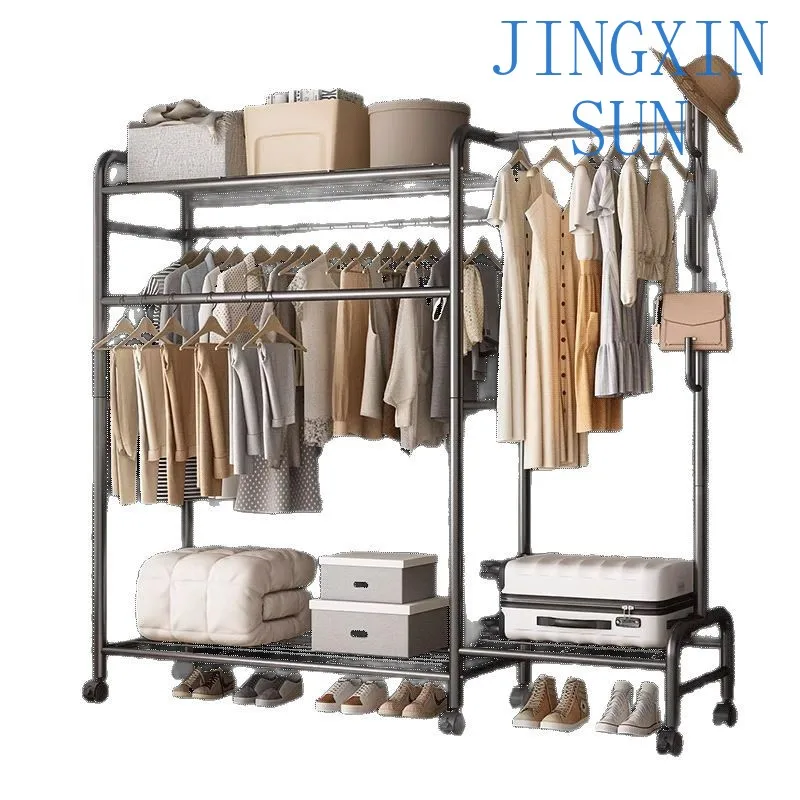 Hanging hanger Floor-to-ceiling bedroom household removable double rod storage coat rack Simple storage rack Vertical drying