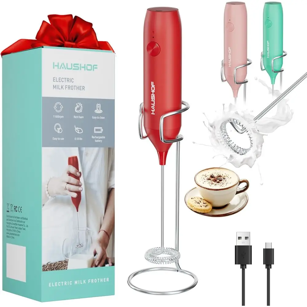 Rechargeable Handheld Milk Frother with Stand, Electric Foam Maker for Coffee, Latte, Cappuccino, Matcha, Red