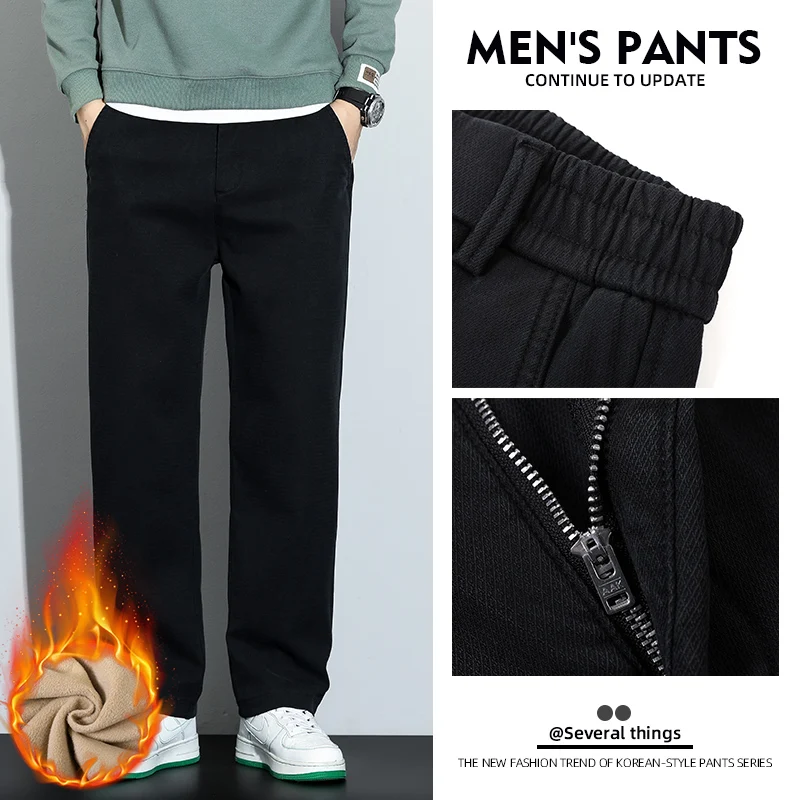 جينز رجالي من Lyocell مستقيم الساق فضفاض بخصر مطاطي موضة خريف وشتاء 2025 سروال طويل مبطن بالصوف الدافئ مقاس كبير 5XL