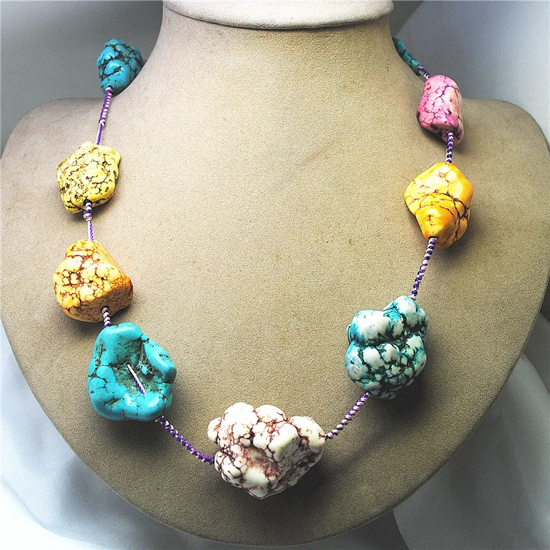 1PC Fashion Mens Necklace Knotted Wite Multi Colors Turquoise Stone Size 20-30MM 56CM Length Top Popular