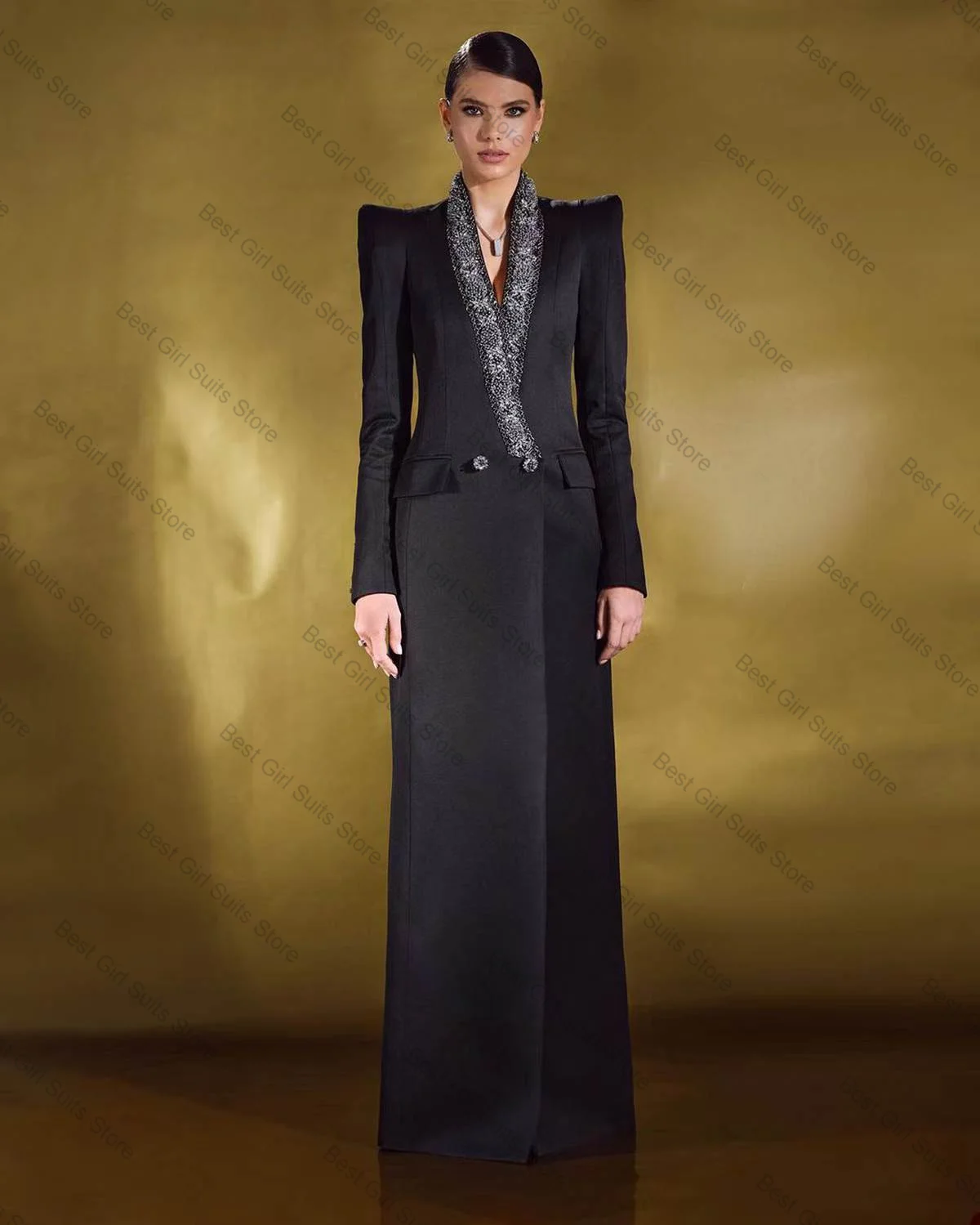 

Black Women Suit 1 Piece Long Blazer Prom Dress Cotton Autumn Spring Formal Office Lady Jacket Customized Wedding Guest Coat