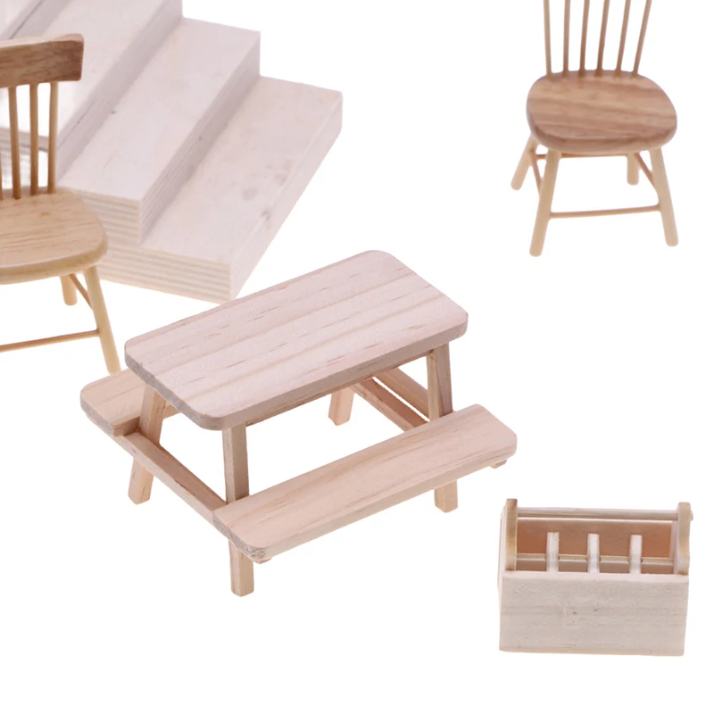 Dollhouse Miniature Simulation Mini Wooden One-piece Table Chair Furniture Model Toys For Doll House Accessories Decoration