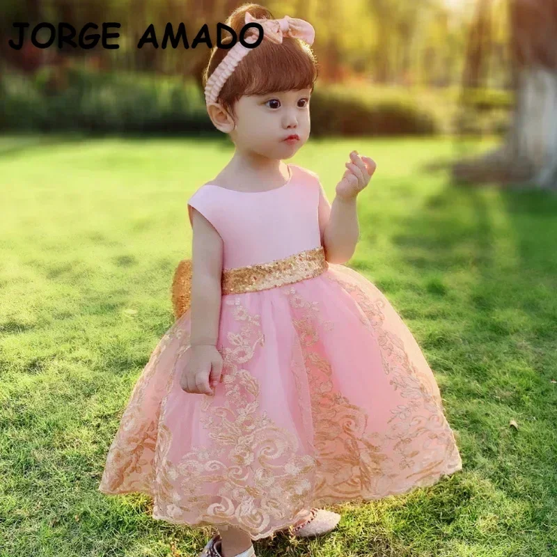 2024 Baby Girls Party Dress Sleeveless Champagne Embroidery Princess Dress with Headband Wedding Perform Birthday E8557