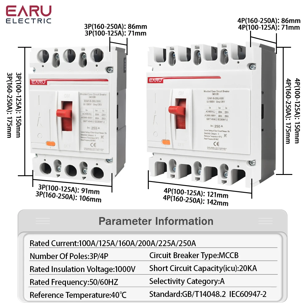 EARU 3P 4P AC 400V 100A-250A MCCB Molded Case Circuit Breaker Main Isolator Switch Overload Short Circuit Protection Industry