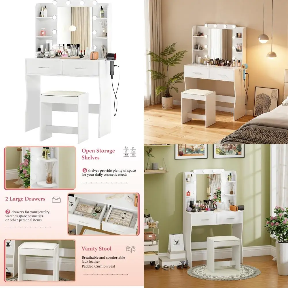 Vanity Desk with Mirror, Adjustable Power Strip, 3-Color Lighting, Hair Dryer Holder - Dressing Table Set for Makeup and Styling