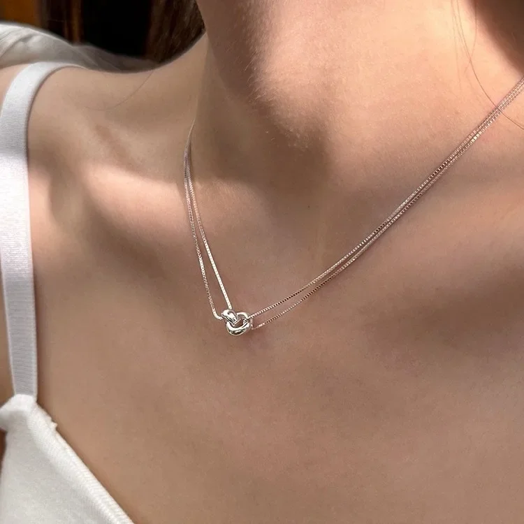 

S925 Sterling Silver Geometric Round Double Layers Pendant Necklaces for Women Fine Jewelry Light Luxury Minimalist Accessories