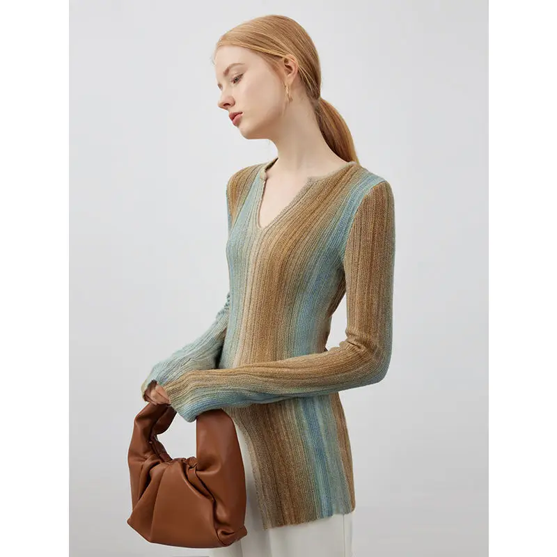 Winter Casual Long Sleeve Women Tie Dye Sweater Minimalist Slim V Neck Split Knit Pullover Ladies Clothing Tops 2023