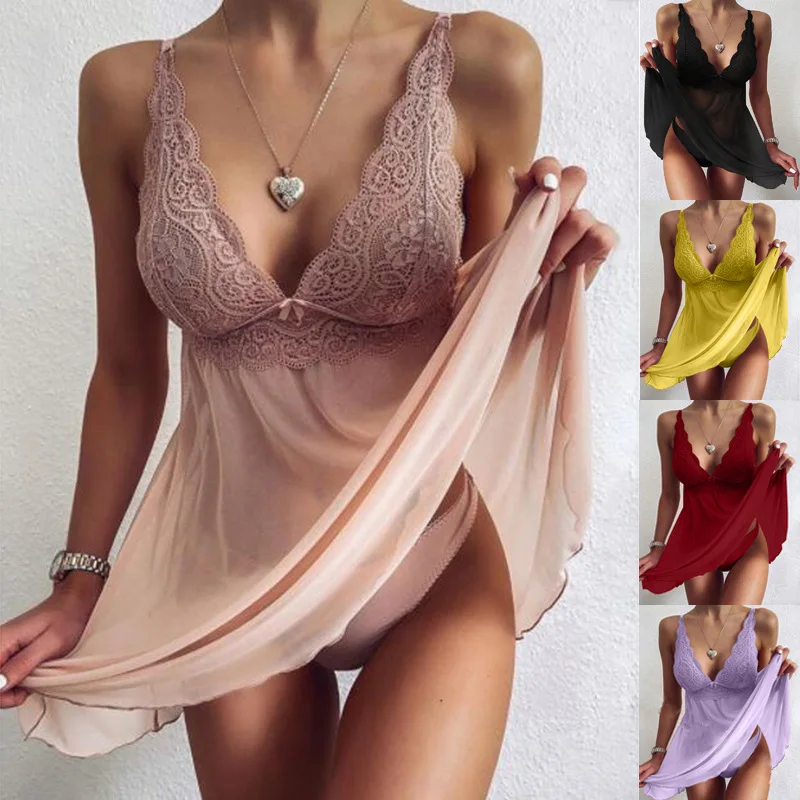 Plus Size S-3XL Sexy Erotica Dress Casual Home Clothes Sling Deep V Lace Mesh Dresses Summer Porno See Through Nightgown 2022