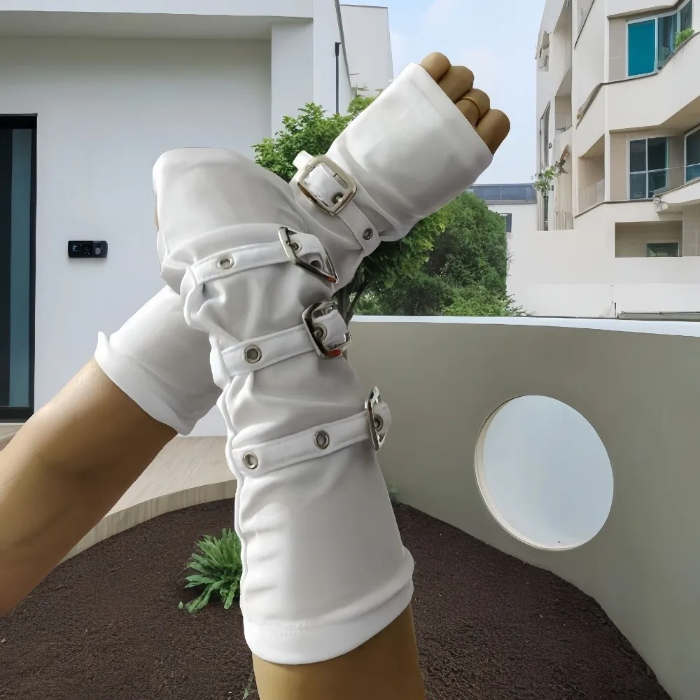 Polyester Punk Arm Sleeves Nonstretch Fabric Metal Buckles Dark Gothic Arm Covers White Lightweight Half-arm Sleeve Gloves