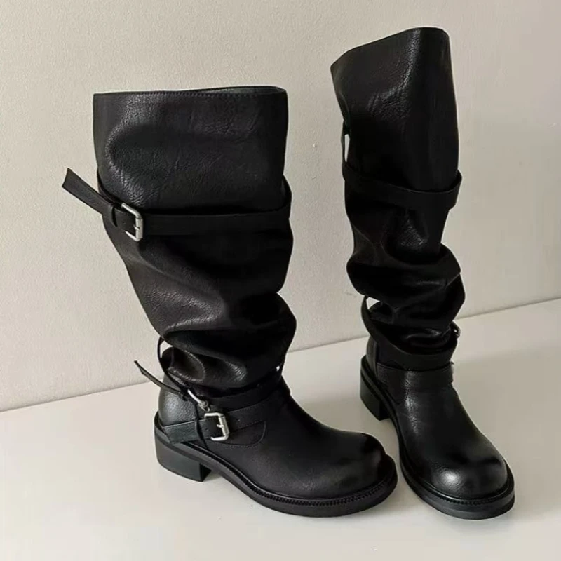 

Женские рыцарские сапоги на толстой подошве с пряжкой на ремне, короткие сапоги, уличные широкие женские ботинки, модные модные ботинки на толстом каблуке