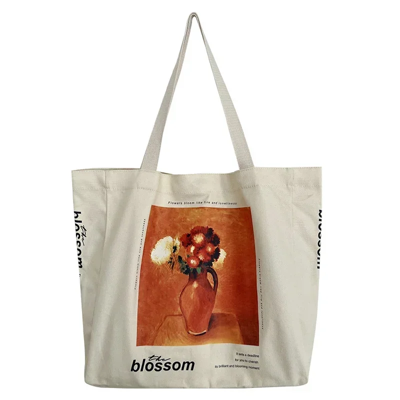 

Women Canvas Shopping Bag Bloom Oil Painting Female Cotton Cloth Shoulder Bag Eco Books Handbag Large Tote for Grocery Shopper