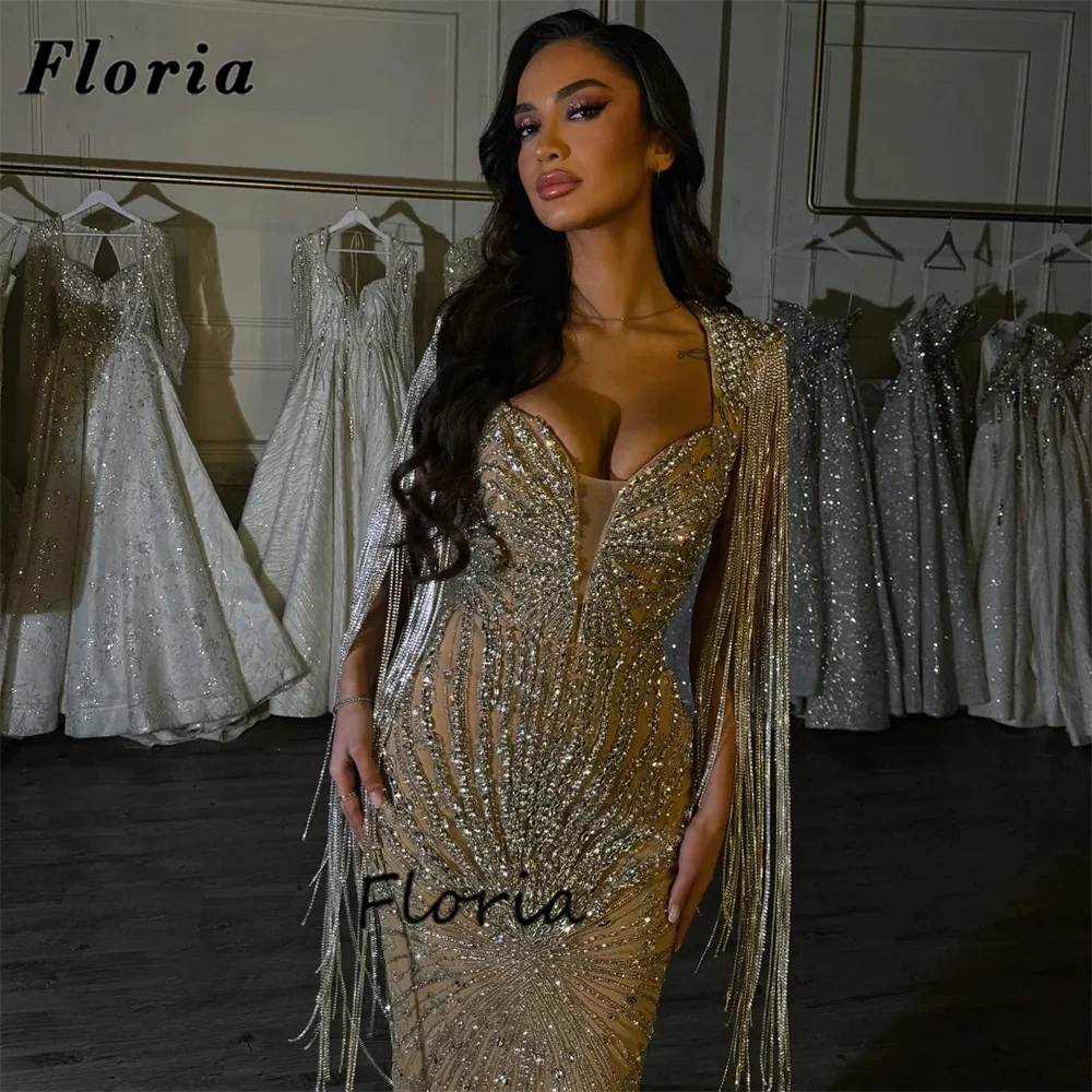 Elegant Silver Mermaid Evening Dresses Cape Long Cloak Wedding Party Dress Dubai Beaded Prom Dress Vestidos De Cóctel Customized
