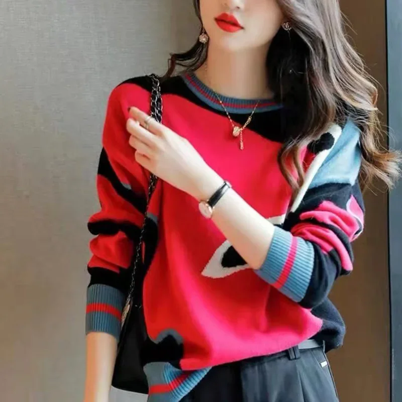 Women Clothing High Quality Patchwork Wool Sweater Autumn Winter Exquisite Fashion Loose O-neck Knitwear Comfortable Warm Tops