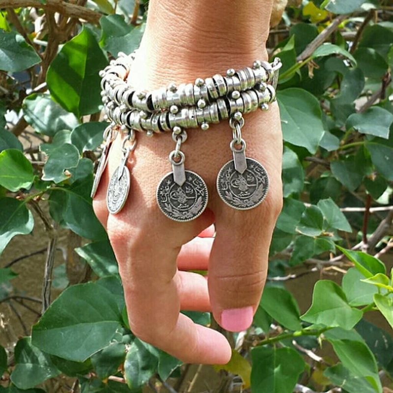 

Bohemian Silver Engraved Geometric Indian Bracelet Vintage Ethnic Style Exaggerated Coin Pendant Bracelet for Women