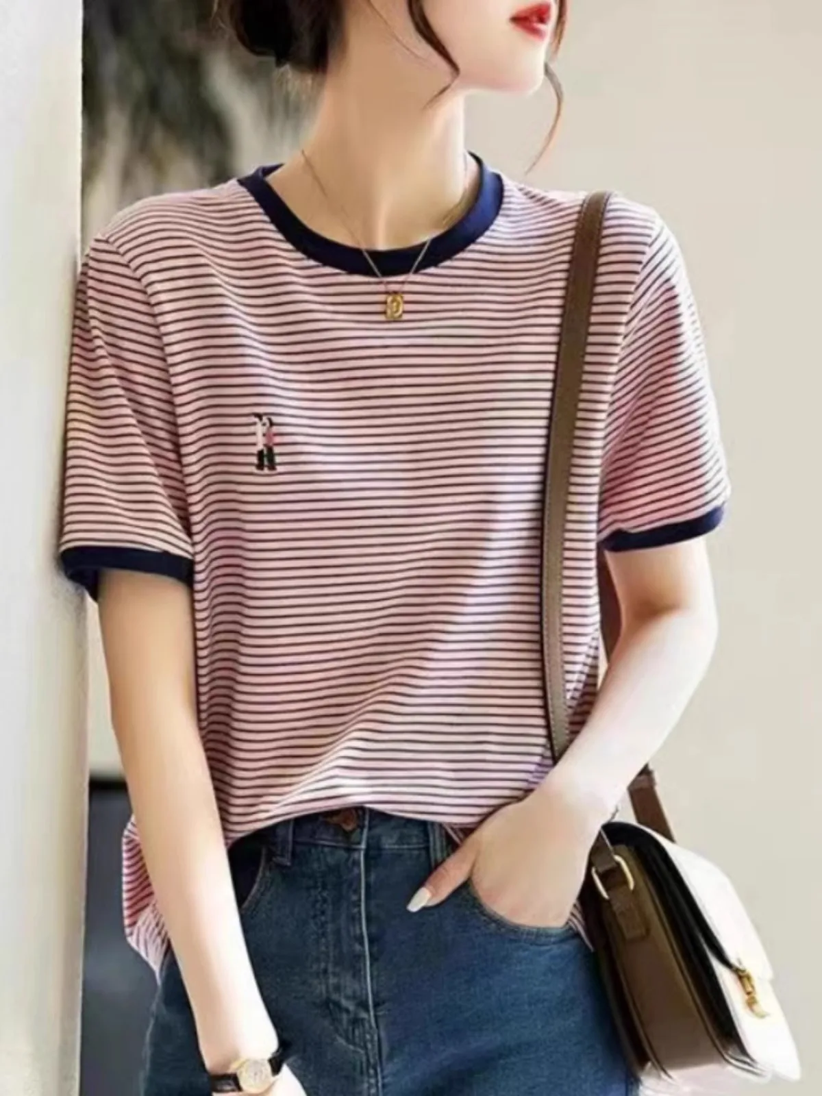 Foreign style with striped embroidery ice silk knitted short sleeve women\'s summer thin half sleeve Tencel T-shirt cotton top