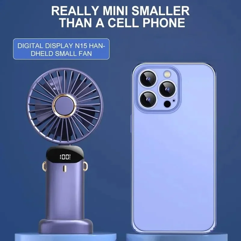 Portable Handheld Mini Fan Foldable Neck Hanging Fans 5 Speed USB Rechargeable Fan with Phone Stand and Display Screen 1800mAh