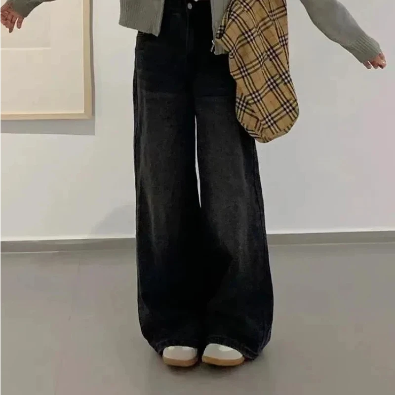 Y2k جينز نسائي جينز أسود مغسول بأرجل واسعة وخصر عالي فضفاض مناسب للشتاء وصل حديثًا بنطلون تنحيف ثنى مستقيم طويل