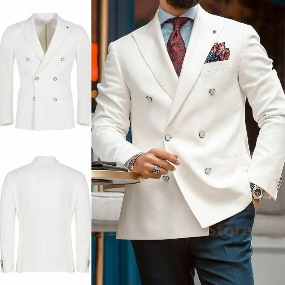 2024 Fashion Ivory New Men\'s Casual Boutique Slim Double Breasted Solid Color Business Wedding Suit Blazers Dress Jacket Coat