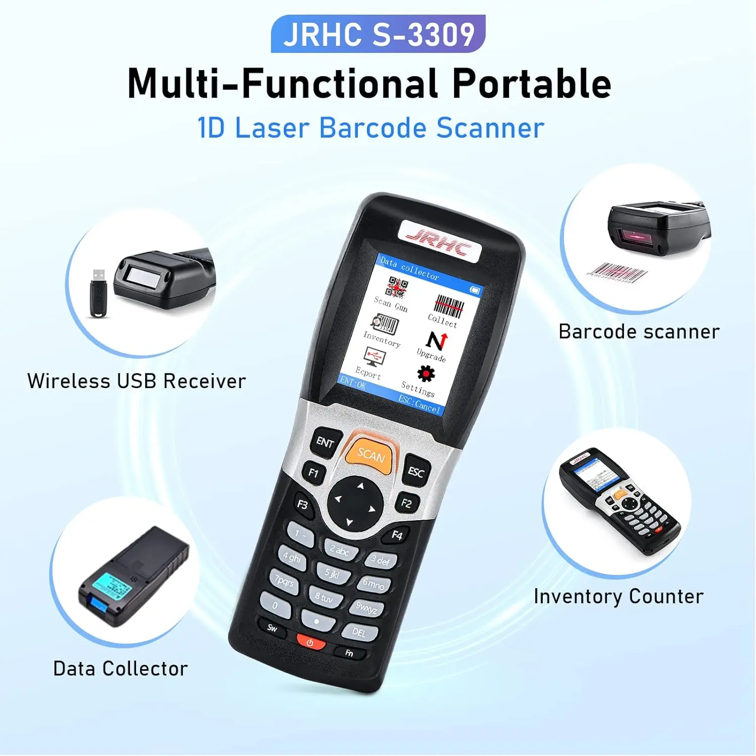 Wireless 1D Barcode Scanner JRHC Inventory Scanner Collector Portable Data Terminal Inventory Device USB with 2.2\'\'LED Screen