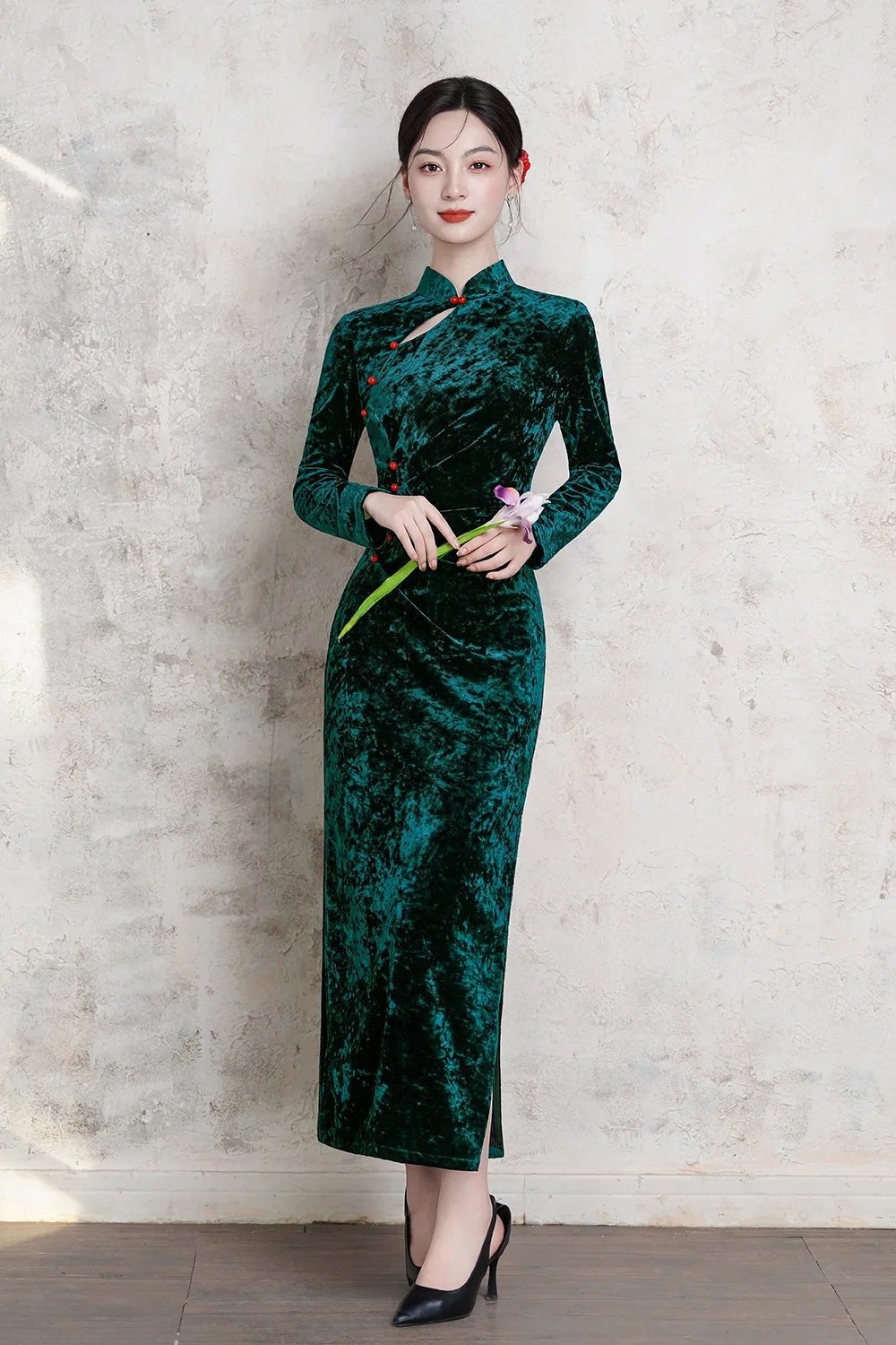 2025 herbst Winter Neue Cheongam Frauen Elegante Qipao Blume Drucken Chinesischen Stil Kleid Langarm Bankett Vestidos Hanfu Kleid