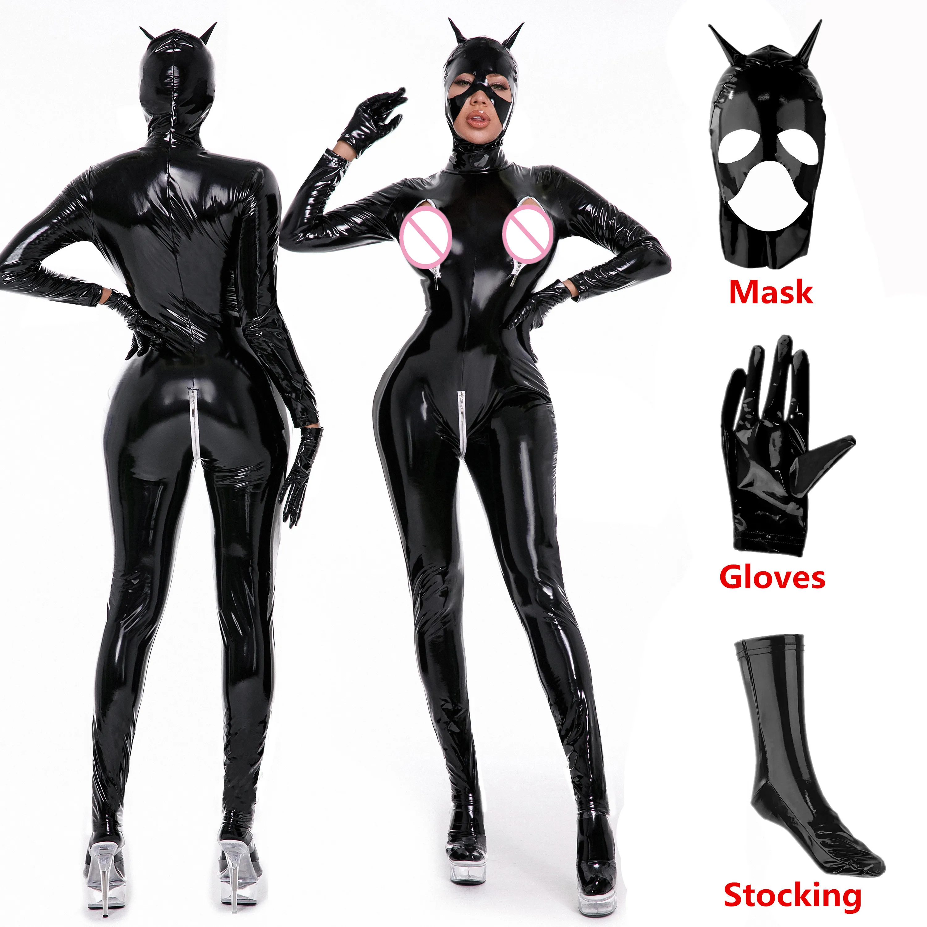 Women Sexy Zipper Open Crotch Jumpsuits Erotic Zip Breast Exposing Crotchless PU Latex Leather Catsuit Lingerie Club Outfits