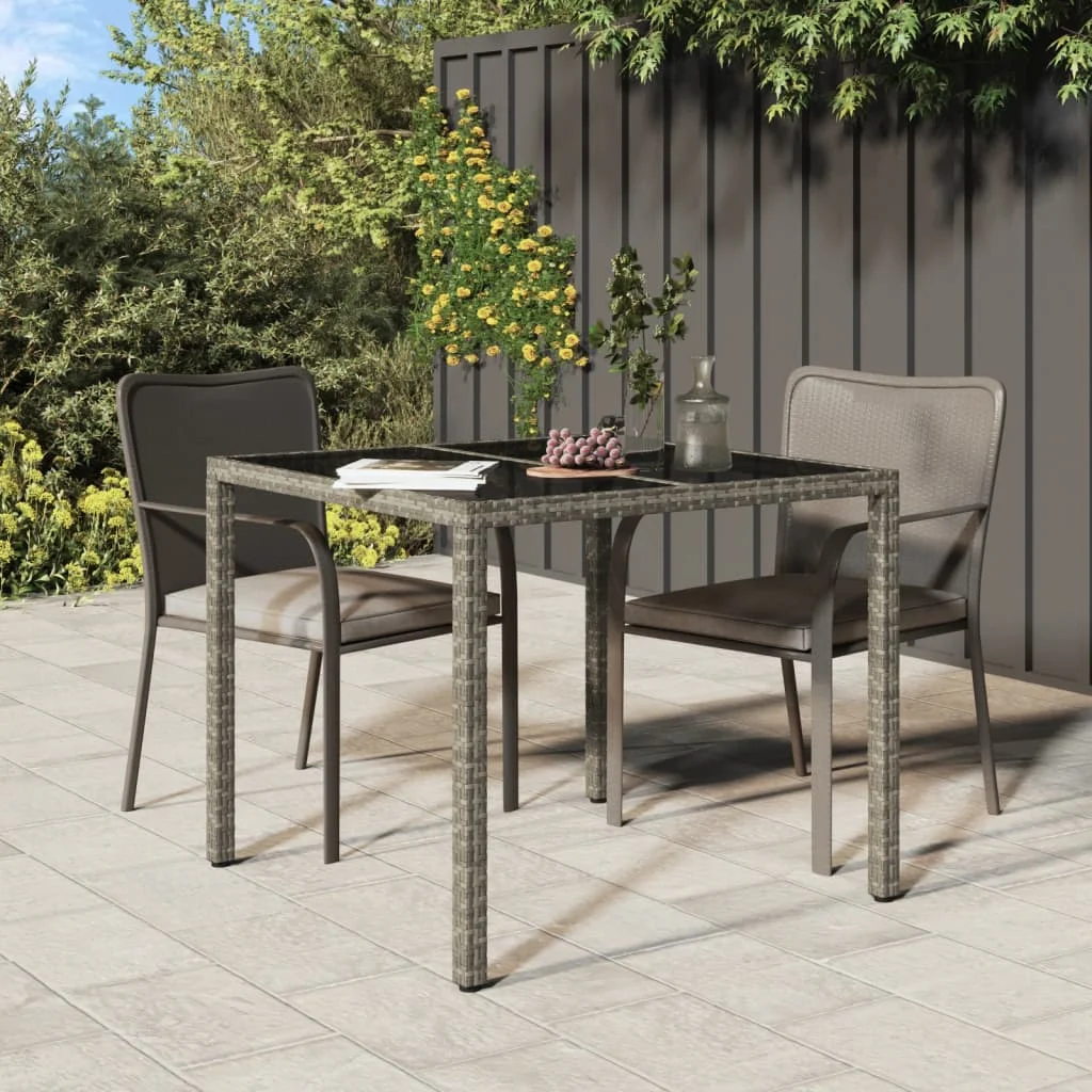 Gartentisch 90x90x75 cm Geh?rtetes Glas Poly Rattan Grau