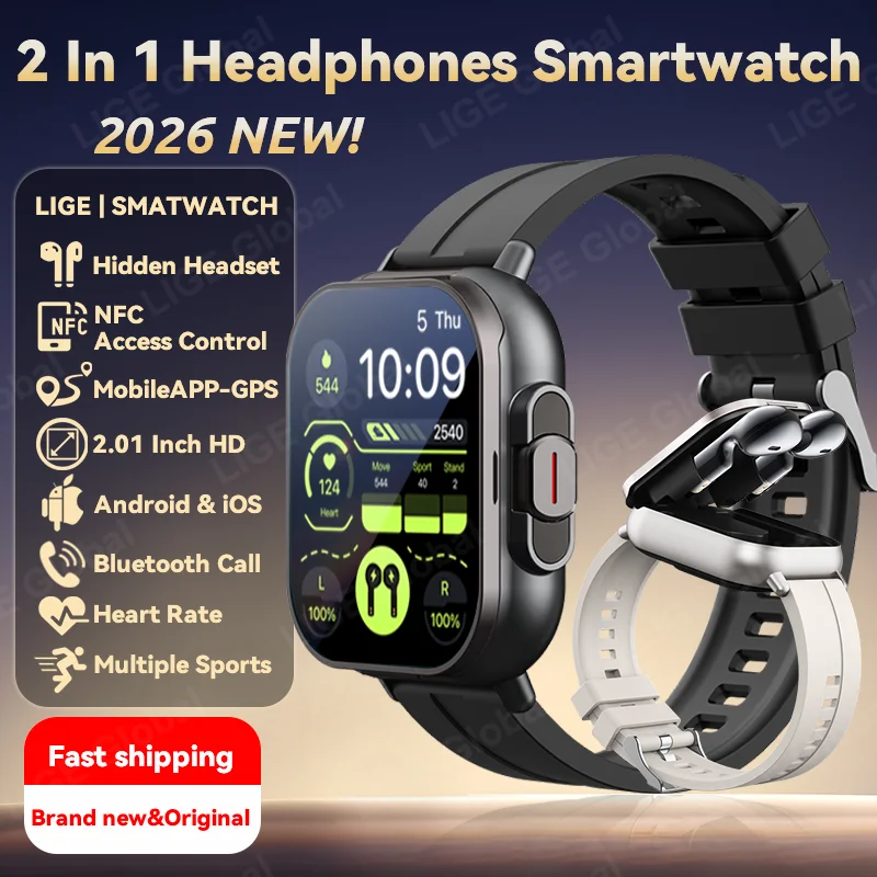 LIGE TWS 2 In 1 Smart Watch Headphones GPS Sports Watch Bluetooth Headset Call Men Health Monitor NFC Women Smartwatch Earbuds