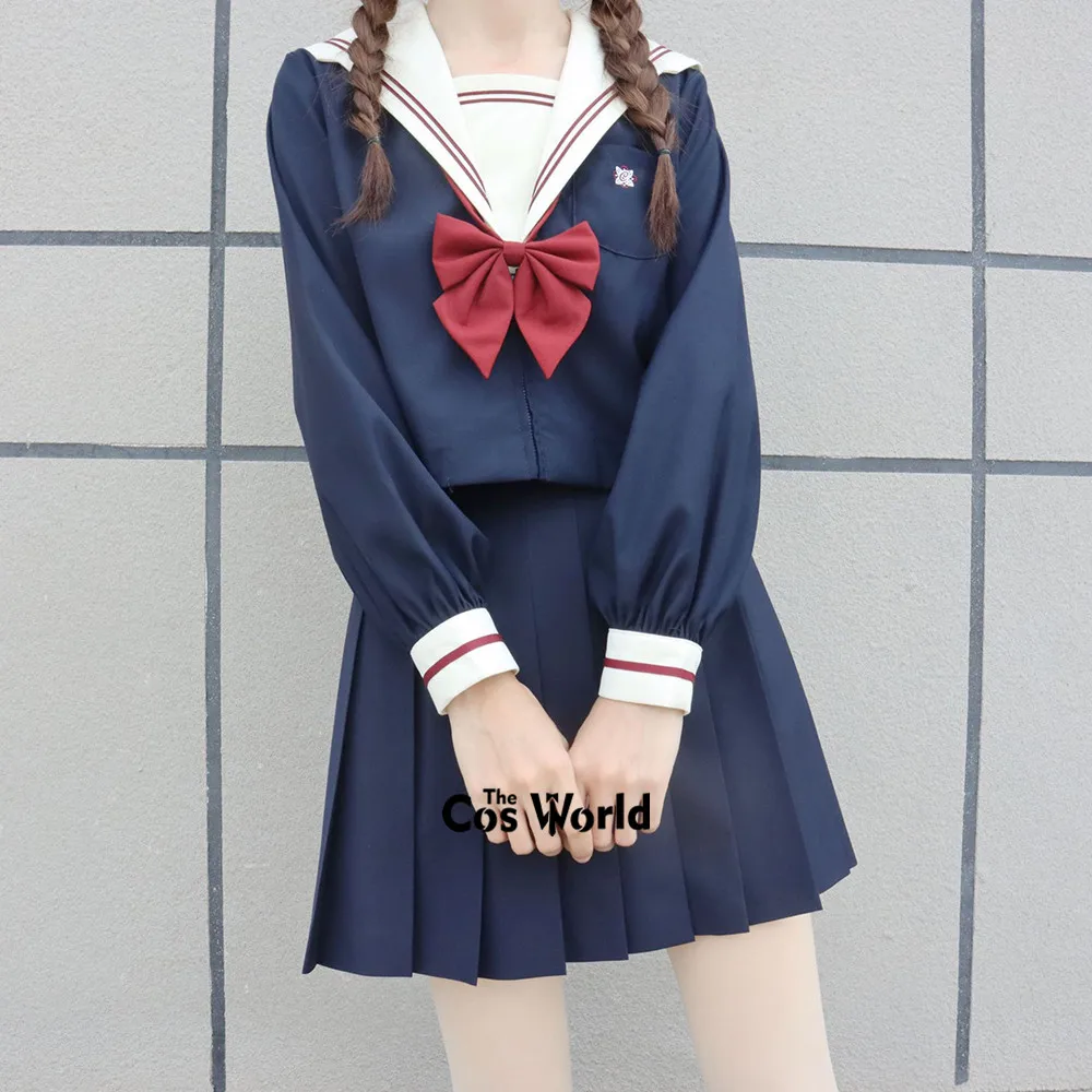 [Chuan Zhao Ling] Japanese Sweet Girl's Sailor Suit Long Sleeve Tops Skirts Navy Blue JK School Uniform Class Students Cloth