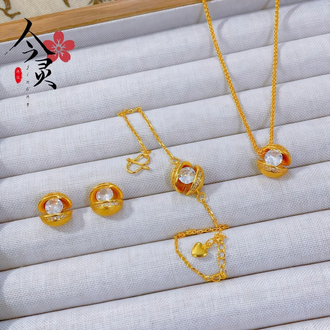

Luxury 24K 9999 Pure Gold real gold Women's Fashion Light Luxury Suspension Planet Necklace Earrings Ring Set
