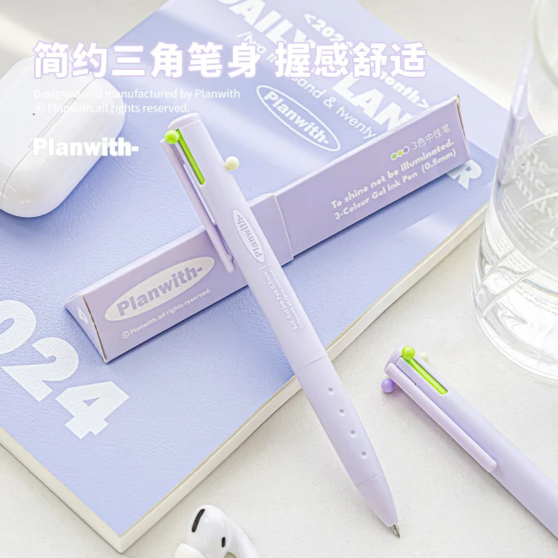 Kawaii 3 Color Retractable Gel Pen 0.5mm Multifunctional Triangular Comfortable Grip Pen Holder Stationery Back To School