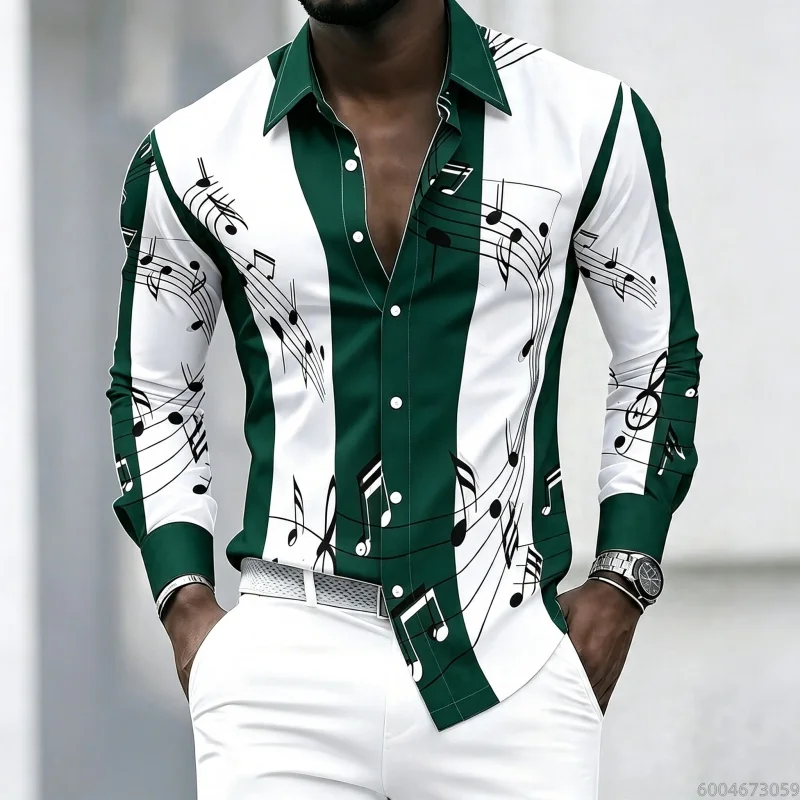 Men's Collared Shirt with Musical Note Print, Trendy