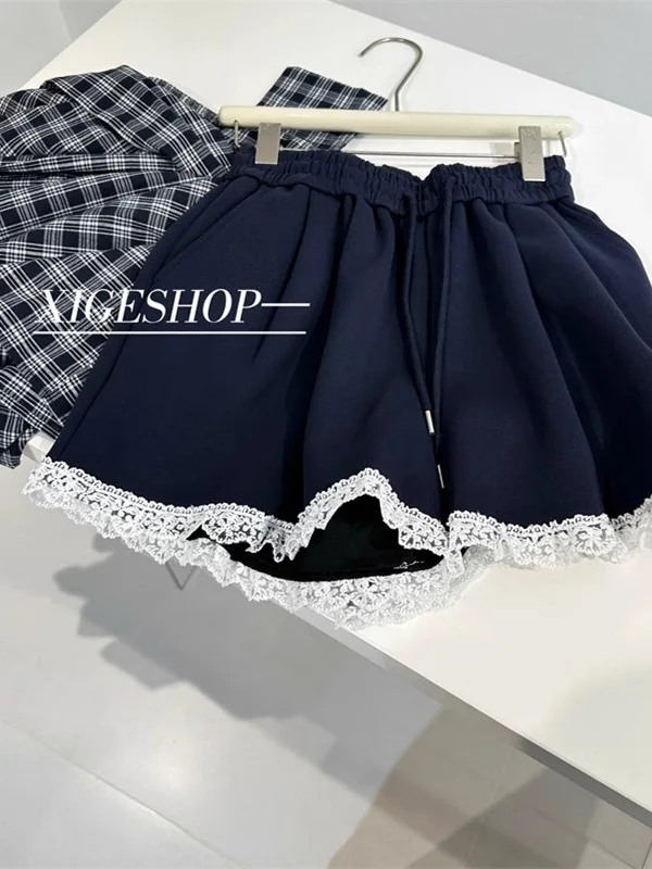 Plones cortos de pierna ancha de estilo coreano con encaje y retazos para mujer, falda con cordón de cintura elástica ade...