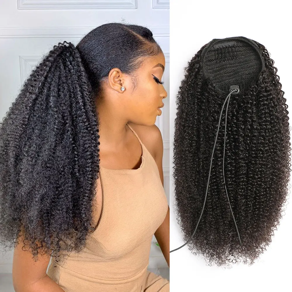 Ponytail Human Hair Afro Kinky Curly Drawstring Ponytail Clip In Hair Extensions Remy Human Hair Kinky Curly Hair Tail For Women