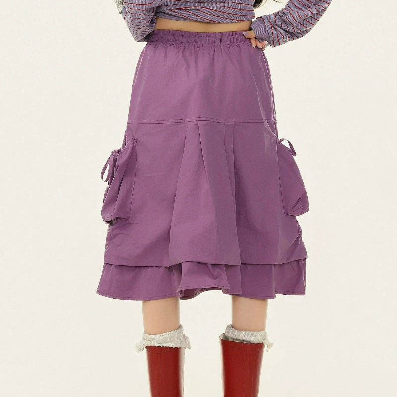Korean Sweet Style Design Women's Mid-length Skirt Autumn New Purple Tie Loose Y2k Versatile Flower Bud A-Line Skirts Ladies