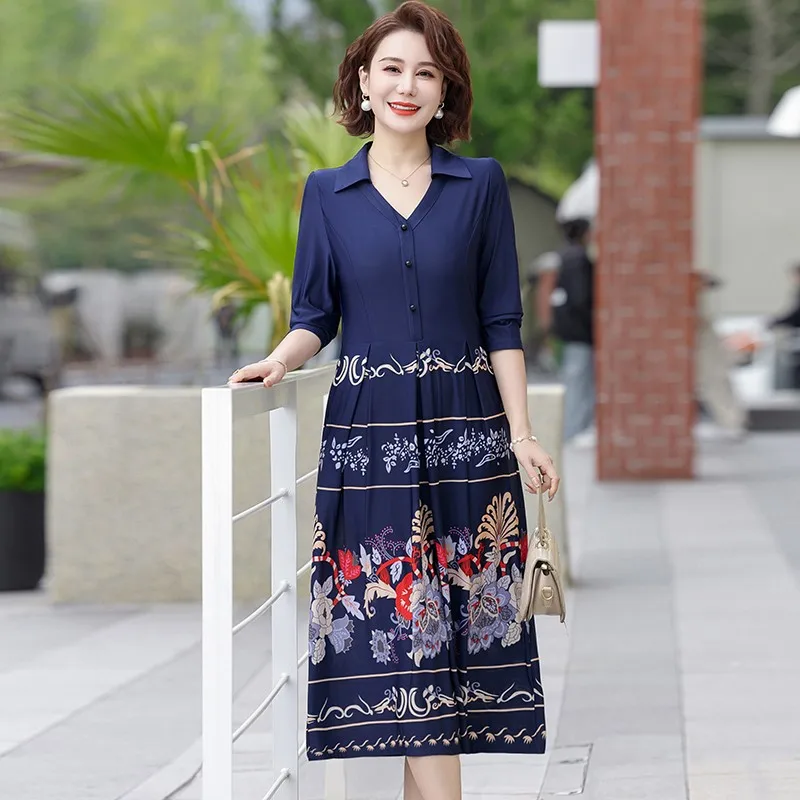 Stylish V-Neck Button Midi Dress SpringA-Line Waist Vintage Positioning flower Commute Long Sleeve Dresses Women's Clothing