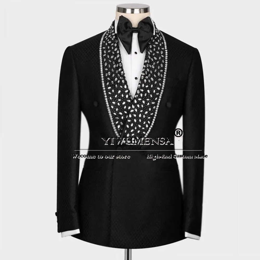 Royal Jewelry Diamond Suits Double Breasted Jacket Pants 2 Pieces Groom Wear Wedding Tuxedo Tailor-made Banquet Business Clothes