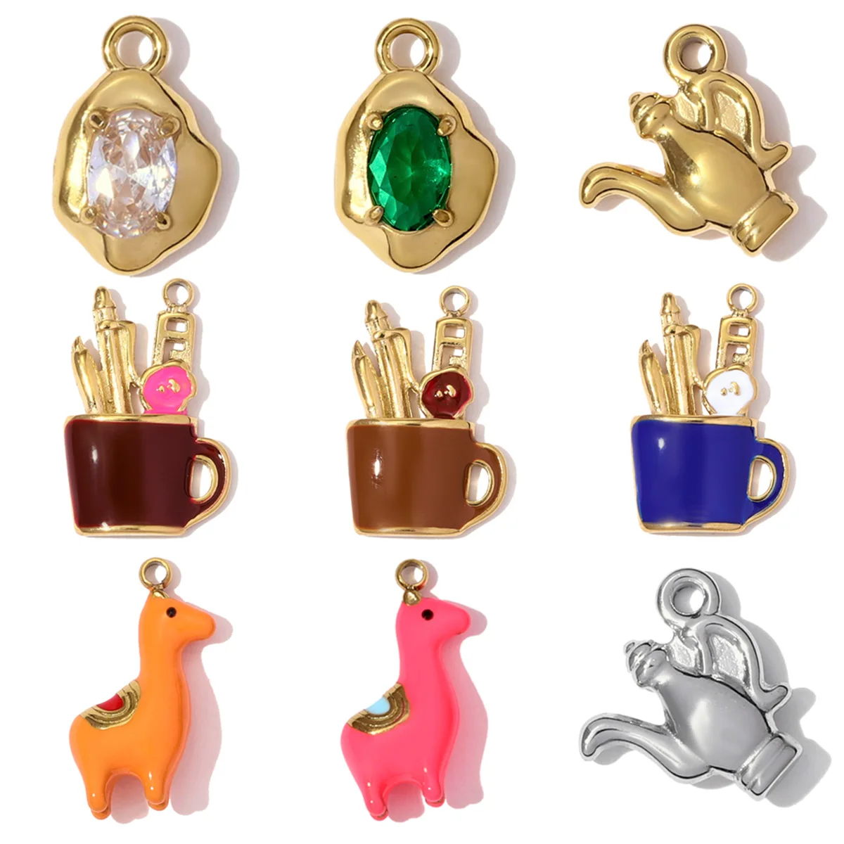 3pcs/Lot Stainless Steel Enamel Alpaca Teapot Necklace Pendant Pen Holder DIY Charm Women Rhinestone Waterdrop Jewelry Wholesale