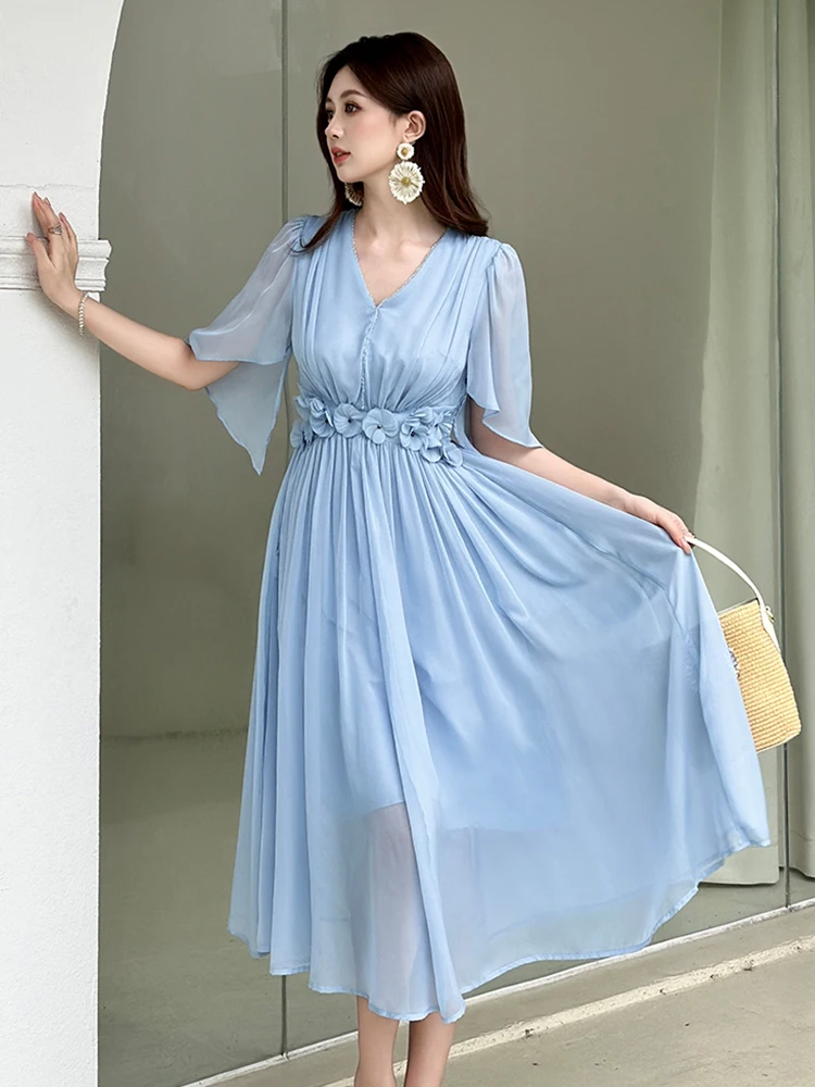 Dameskleding Fee Celebrity Vakantie Jurk Dames Mooie Blauwe Chiffon Bloemen Swing Gewaad Vrouwelijke Vakantie Feest Prom Vestidos